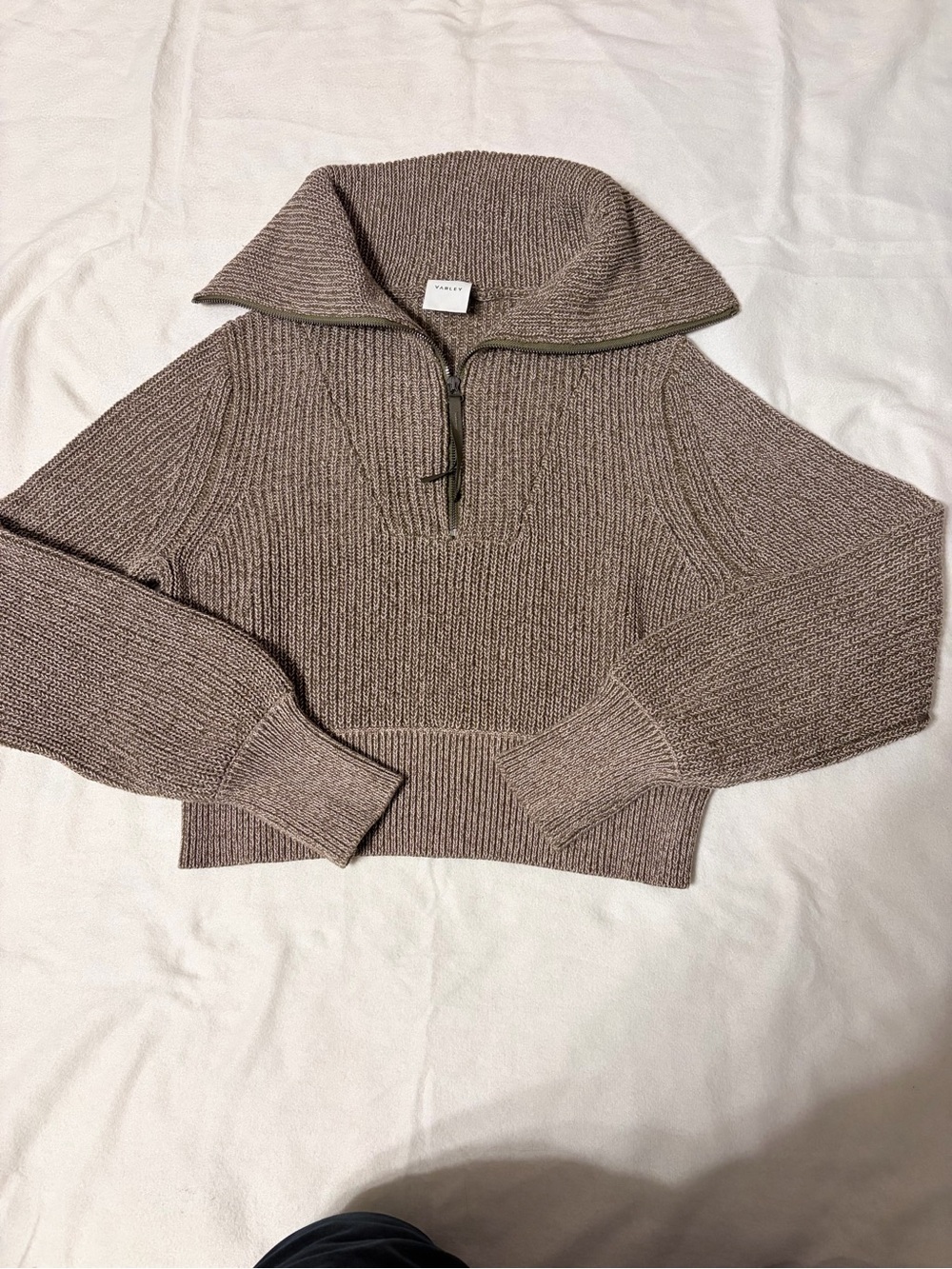 Varley Mentone Half-Zip Sweatshirt in Dark Olive Speckle. 100% cotton knit